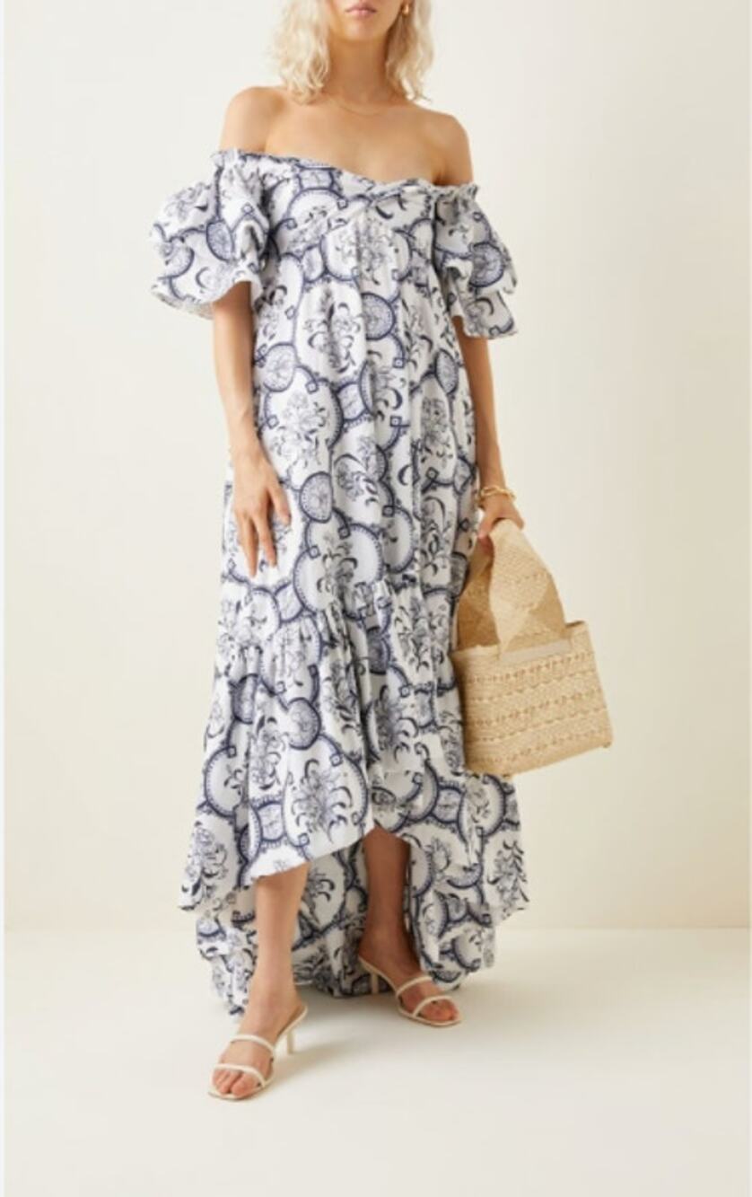 Andres Otalora Raquira Off The Shoulder Printed Cotton Maxi Dress Blue Size 6